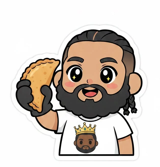 Big Papa’s cartoon chef, bearded and wearing a crown T-shirt, holding up an empanada